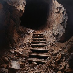 Poster - A dark cave with a staircase leading down into it