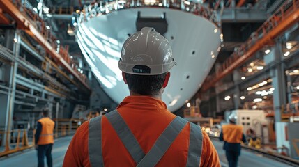 Poster - Shipyard engineer back view directing a team preparing the ship interior for final inspections