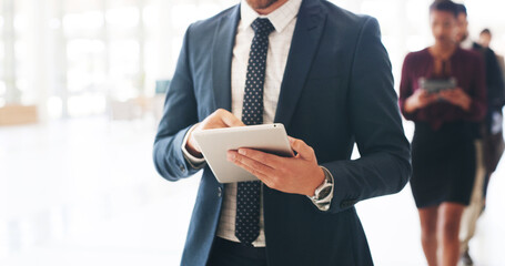 Aufkleber - Hands, tablet and business man in office, check email or trading app in line for crypto convention. Digital technology, corporate and employee on internet for finance, investment update and schedule