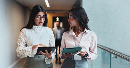 Poster - Office, lobby and business women with tablet for report, schedule discussion or conference hall planning. Seminar, employee and keynote speaker with smile for networking, research and online review