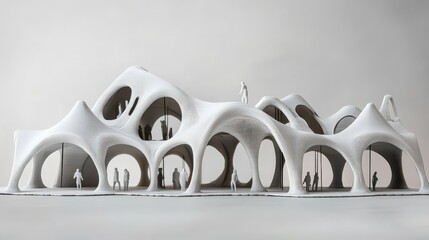 Poster - architectural model showcasing organic forms with miniature figures interacting in a spacious enviro