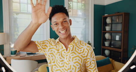 Poster - Happy man, portrait and influencer with wave or ring light for content creation, online streaming or recording tips at home. Male person, blog or vlogger with smile for helpful guide or tutorial