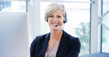 Aufkleber - Computer, headset and business woman portrait for consulting, proposal and project or online research. Mature corporate attorney, lawyer and smile for report brainstorming, office email and planning