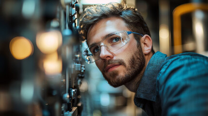 Poster - Engineer inspecting smart devices with focus and precision