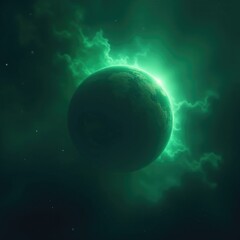 Wall Mural - A dark planet is shrouded in the mysterious, glowing aura of a green nebula, Mysterious, Dark