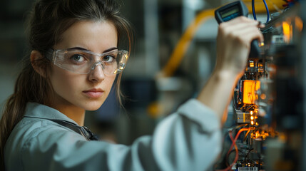 Poster - Female engineer testing equipment with multimeter