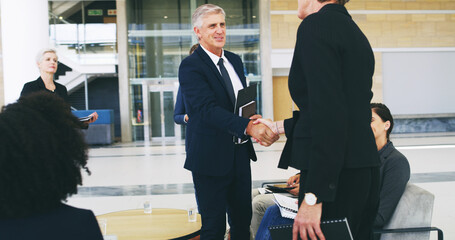 Poster - Welcome, people and handshake for meeting, office and thank you for opportunity of deal and corporate. Partnership, entrepreneur and shaking hands for agreement with team, congratulations and gesture