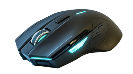 Poster - Modern gaming mouse with blue led lights on transparent background