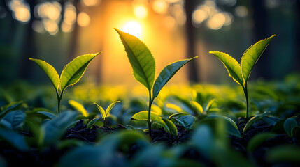 Two green leaves are in a field with a bright sun shining on them. The leaves are wet, and the sun is casting a warm glow on the scene