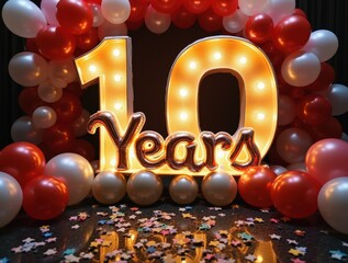 Wall Mural - Illuminated 10 years sign celebrating a decade anniversary with balloons and confetti