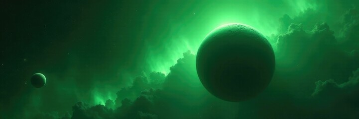Wall Mural - A dark planet is bathed in the soft, eerie light of a green nebula, Green, Planet, Space