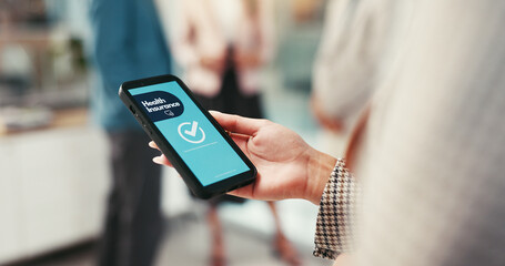 Aufkleber - Phone screen, health insurance and hands of person for medical aid, assurance and policy. Approval, office and worker on smartphone for online application, company benefits and healthcare on app