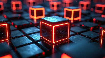 Poster - Glowing Red Cubes in a Dark Digital Space