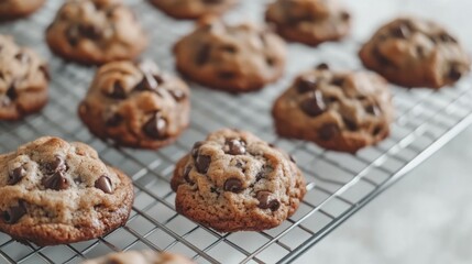 Wall Mural - Golden-brown chocolate chip cookies cooling on a wire rack. Sweet treat, perfect for any occasion!