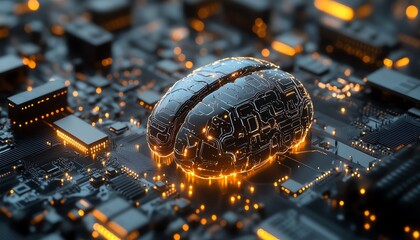 Poster - Futuristic AI brain, glowing neural pathways and digital connections, complex details and hightech design, ultrarealistic 8K