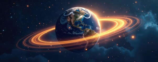 a glowing golden ribbon encircles a serene globe under starry night sky, space, global sphere peacef