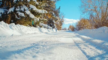 picturesque winter road covered in fresh snow, surrounded by trees and clear blue sky, evokes sense of tranquility and beauty