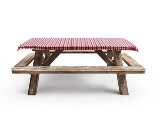 Rustic wooden picnic table with red and white checkered tablecloth. (5)