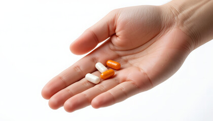 Hand holding pills isolated on white background. Orange and white pills for health. Medicine.