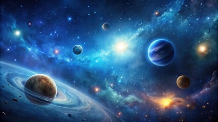 Wall Mural - dark blue galaxy background with stars and a few planets in the distance, universe, stargazing
