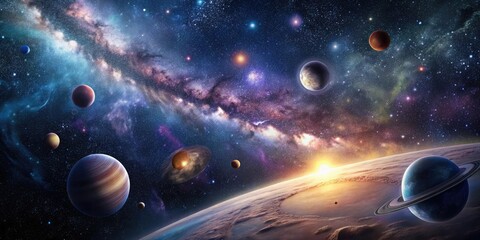 Wall Mural - dark galaxy landscape with stars and planets in the background, universe, starry night, galaxy, cele