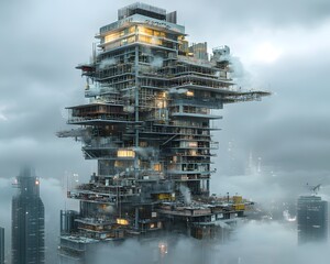 Poster - A towering architectural marvel surrounded by mist, showcasing modern design with intricate structures and vibrant lights