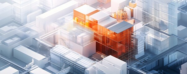 Poster - Aerial view of an abstract urban landscape featuring modern buildings in various shapes and textures, showcasing innovation in architectural design and city planning for future dev