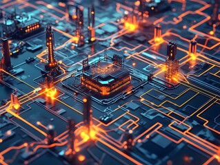 Poster - An intricate close-up of a circuit board with glowing orange pathways and microchips, showcasing advanced technology and innovation in digital design.