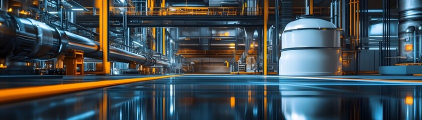 Poster - An intricate view of a modern industrial facility with futuristic pipelines and machinery, showcasing advanced technology and vibrant colors. Perfect for industry-related projects.