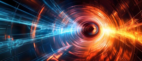 Poster - Dynamic abstract representation of light and color merging in a futuristic vortex, symbolizing energy and innovation. Ideal for tech-related projects and creative visual concepts.