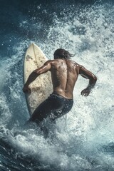 Wall Mural - Surfer paddling ocean wave, dramatic background, action shot