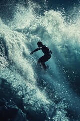 Wall Mural - Surfer rides ocean wave, dramatic sunset backdrop, action shot