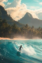 Wall Mural - Surfer riding wave, tropical beach, sunset, mountains