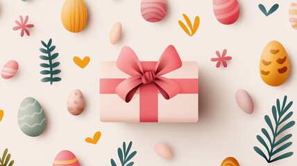 Wall Mural - Pink gift box with Easter eggs and spring elements. Easter day watercolor illustration.