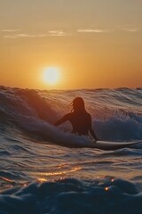 Wall Mural - Surfer sunset ocean wave silhouette peaceful sunrise