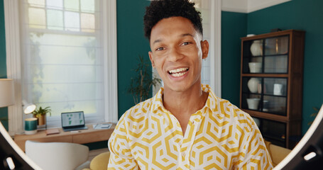 Poster - Happy man, portrait and influencer with ring light for web service, online streaming or recording tips at home. Male person, blog or vlogger with smile for helpful information, guide or tutorial