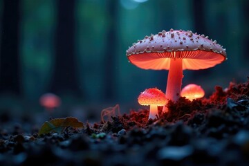 forest floor aglow with soft luminescent mushrooms, mushrooms, soft