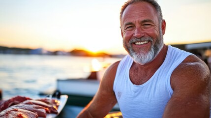 Happy senior man enjoying surfing at sunset on the beach