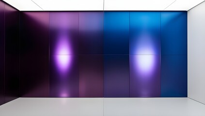 Wall Mural - A modern, minimalistic room features a color gradient wall transitioning from deep purple to blue, enhanced by soft, ambient lighting. The glowing lights create a serene and futuristic atmosphere.