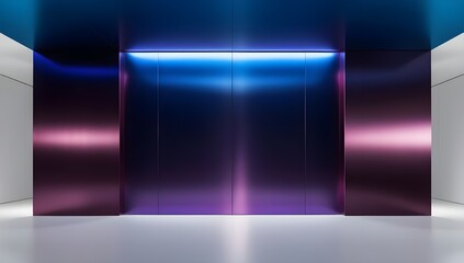 Wall Mural - A sleek and modern elevator lobby features reflective purple and blue panels, with ambient lighting enhancing its futuristic appearance. The minimalist design evokes a sense of sophistication 