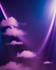 Wall Mural - Fluffy pink clouds drift across a dreamy purple sky, illuminated by vibrant light beams. The ethereal ambiance creates a serene and calming visual experience.