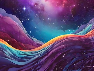 Wall Mural - A vibrant cosmic landscape showcases a wave-like pattern of colors, blending seamlessly into a starry night sky. The gradient of purples, blues & oranges creates a mesmerizing, otherworldly atmosphere