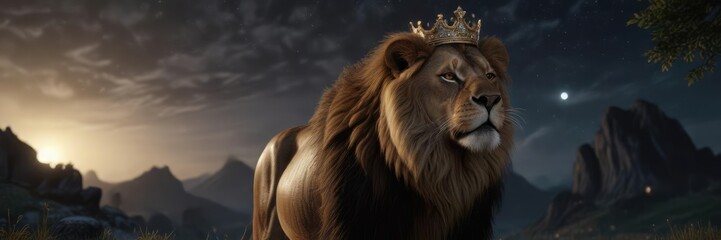 regal lion with sparkling crown in moonlit landscape , crown, regal, mystical