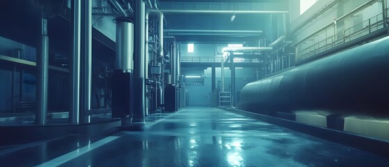 Poster - Industrial interior with machinery and reflections on the floor.