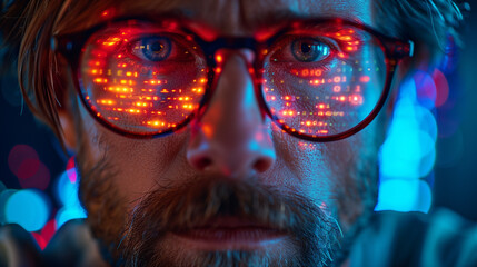 smart man in *glasses look at computer screen with code (programmer, cybersecurity)