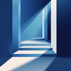 Wall Mural - abstract blue hallway with steps and sunlight.