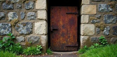 Wall Mural - rusty metal gate leans against weathered stone wall with moss and lichen, metal, stone