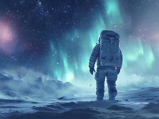 a breathtaking composition of an astronaut standing in a frozen tundra, staring up at the aurora bor