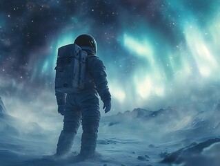 a breathtaking composition of an astronaut standing in a frozen tundra, staring up at the aurora bor