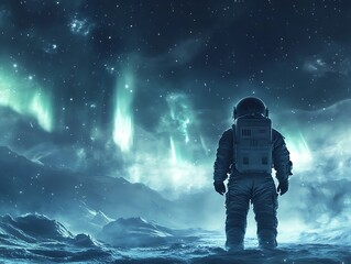 a breathtaking composition of an astronaut standing in a frozen tundra, staring up at the aurora bor